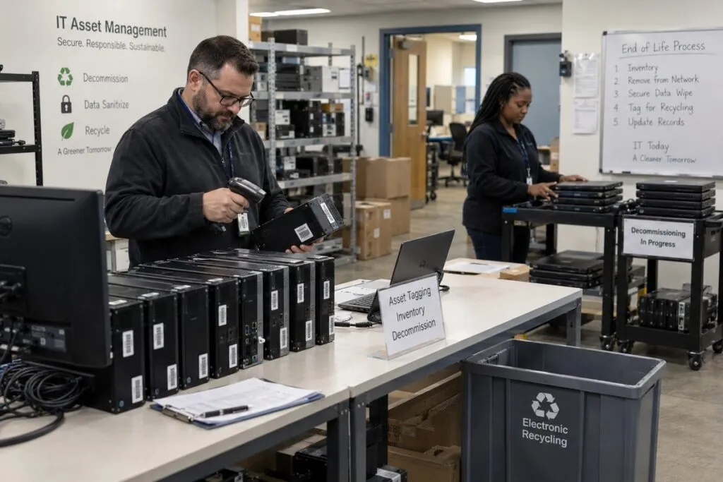 Secure IT asset decommissioning with technicians inventorying tagged servers and computers in a controlled staging area.