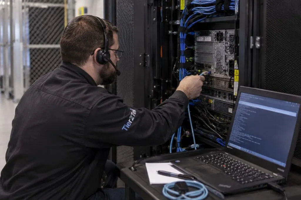 Smart hands technician connecting network equipment at an open server rack with remote technical support.