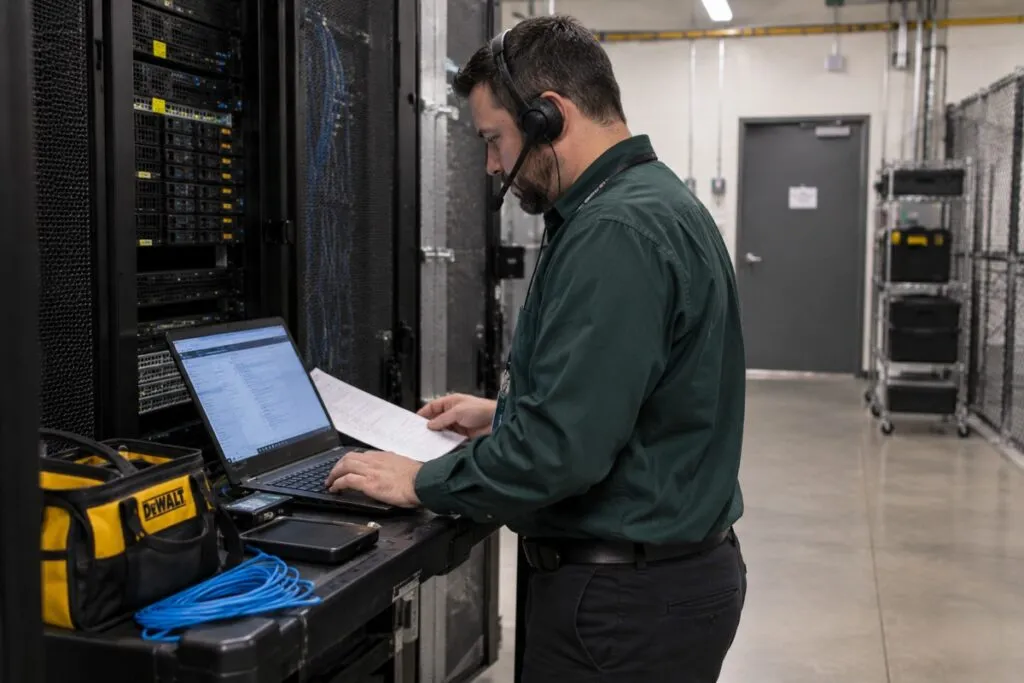 Smart hands technician reviewing server configuration details while communicating through a headset.