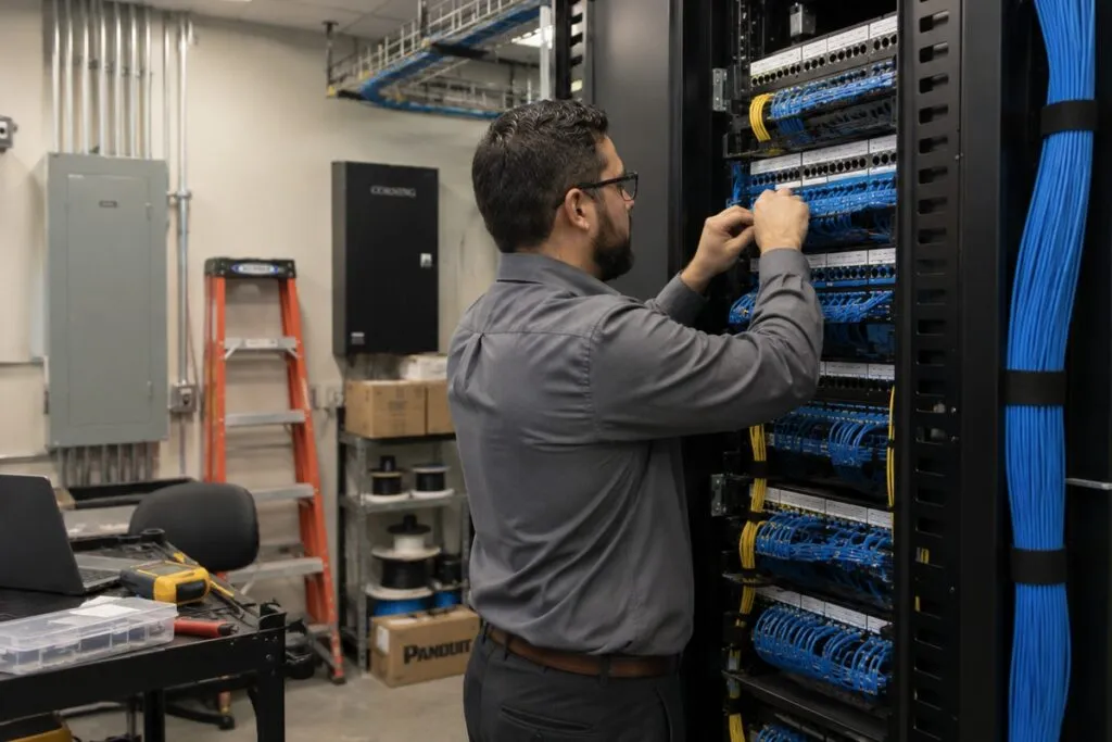 Structured cabling technician installing and organizing Cat6 network cables in a professional enterprise environment.