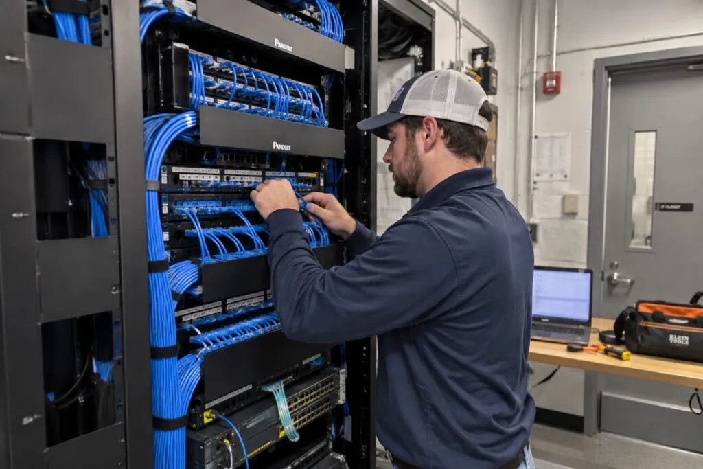Professional structured cabling technician working on organized Cat6 connections and enterprise network infrastructure.