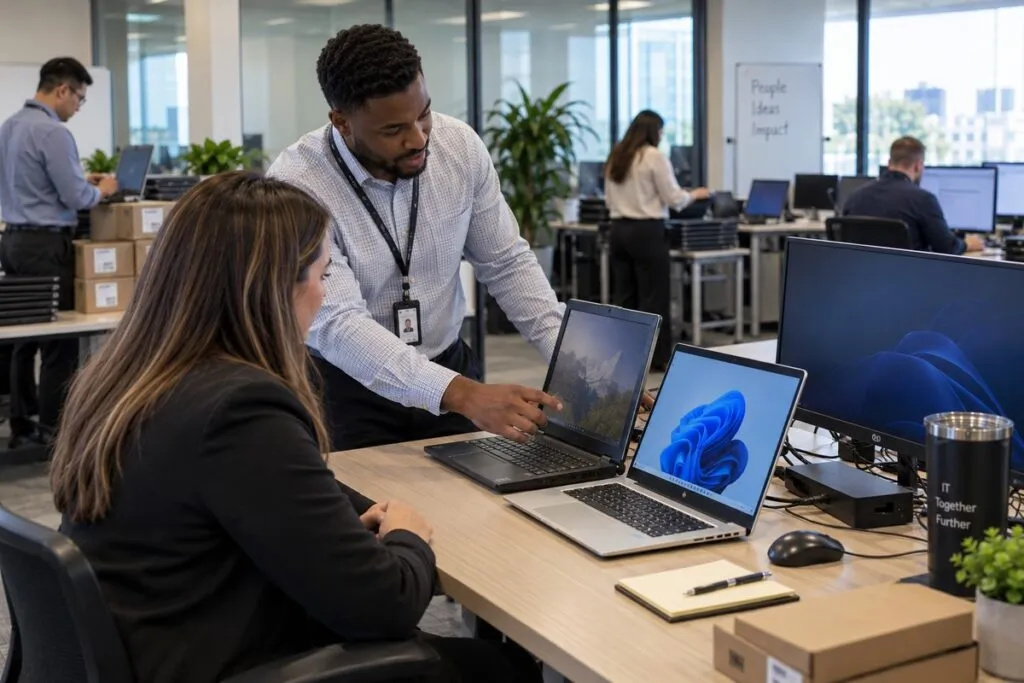 Technician guiding an employee through new laptop setup during a DeployNation workplace computer refresh.