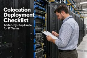 IT technician reviewing a colocation deployment checklist before server deployment.
