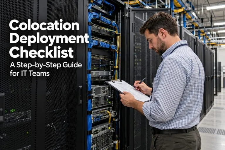 IT technician reviewing a colocation deployment checklist before server deployment.