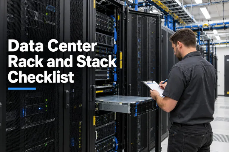 Technician verifying server installation with a data center rack and stack checklist.