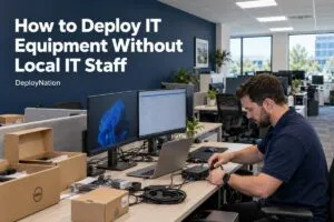 DeployNation technician connecting IT equipment for deployment without local IT staff.