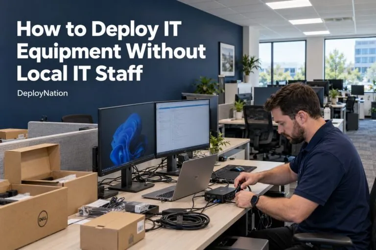 DeployNation technician connecting IT equipment for deployment without local IT staff.