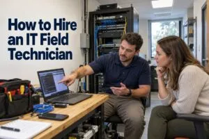 IT field technician demonstrates laptop diagnostics to a hiring manager for a skills assessment.