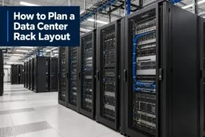 Data center rack layout with organized server cabinets and network cabling for DeployNation.