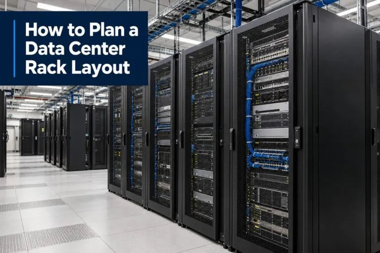 Data center rack layout with organized server cabinets and network cabling for DeployNation.