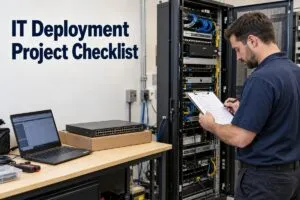 IT technician checking deployment tasks for equipment installation and verification, featured in DeployNation’s IT deployment project checklist.