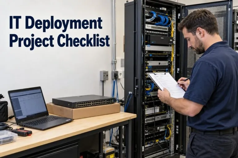IT technician checking deployment tasks for equipment installation and verification, featured in DeployNation’s IT deployment project checklist.